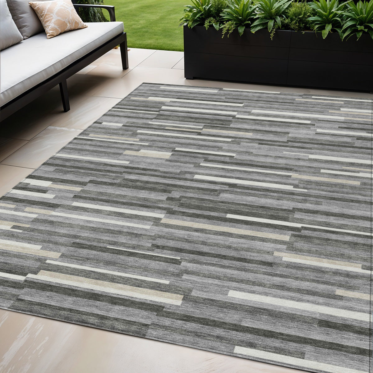 Tabselect Home Line 5' X 8' Gray And Ivory Striped Washable Indoor Outdoor Area Rug