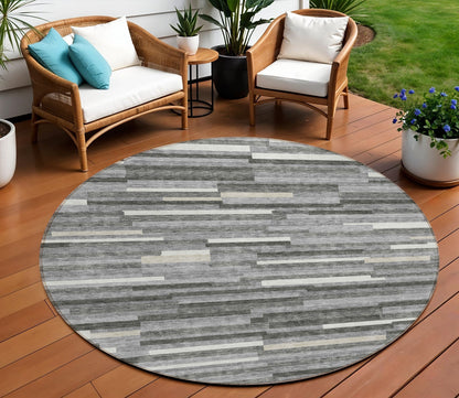 Tabselect Home Line 8' Gray And Ivory Round Striped Washable Indoor Outdoor Area Rug