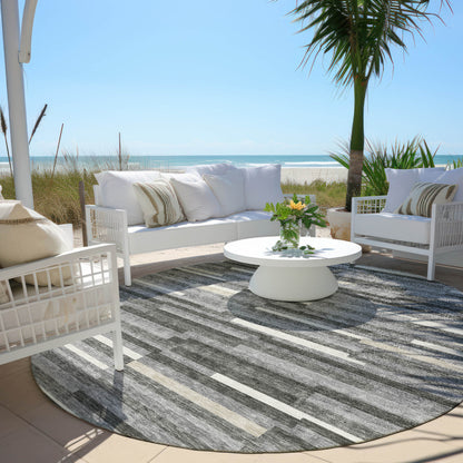 Tabselect Home Line 8' Gray And Ivory Round Striped Washable Indoor Outdoor Area Rug