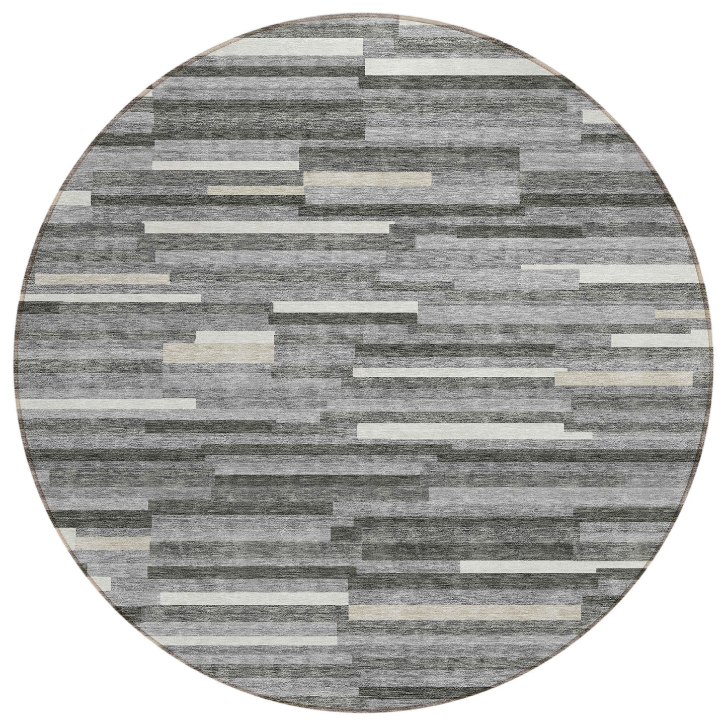 Tabselect Home Line 8' Gray And Ivory Round Striped Washable Indoor Outdoor Area Rug