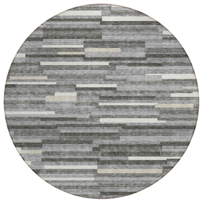 Tabselect Home Line 8' Gray And Ivory Round Striped Washable Indoor Outdoor Area Rug