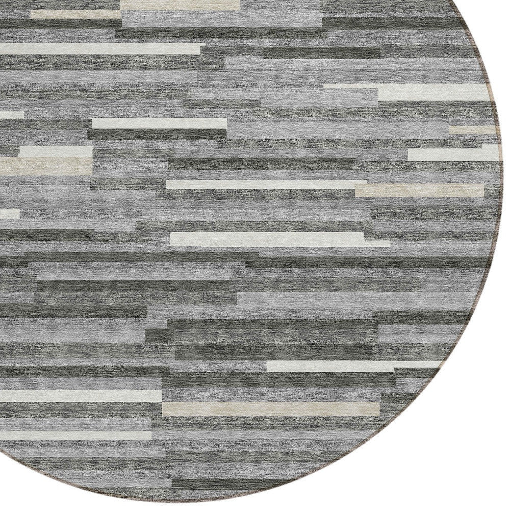 Tabselect Home Line 8' Gray And Ivory Round Striped Washable Indoor Outdoor Area Rug