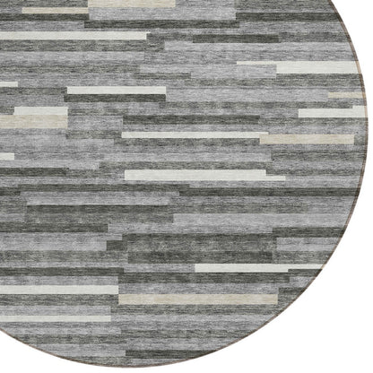 Tabselect Home Line 8' Gray And Ivory Round Striped Washable Indoor Outdoor Area Rug