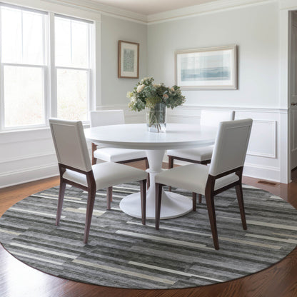 Tabselect Home Line 8' Gray And Ivory Round Striped Washable Indoor Outdoor Area Rug