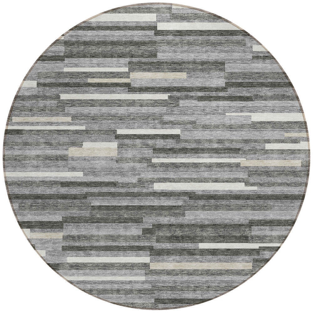 Tabselect Home Line 8' Gray And Ivory Round Striped Washable Indoor Outdoor Area Rug