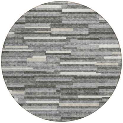 Tabselect Home Line 8' Gray And Ivory Round Striped Washable Indoor Outdoor Area Rug