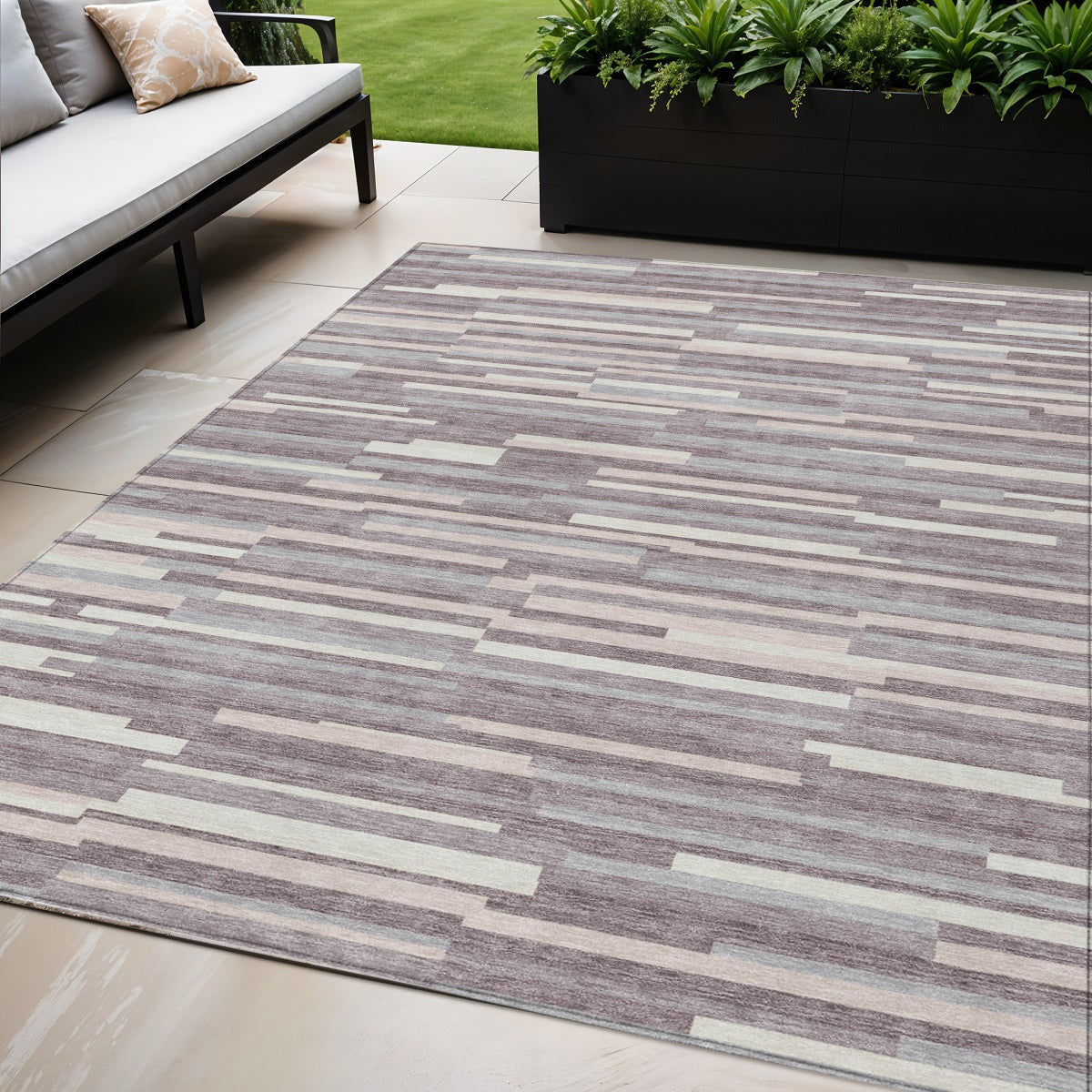 Tabselect Home Line 5' X 8' Lavender Gray And Ivory Striped Washable Indoor Outdoor Area Rug