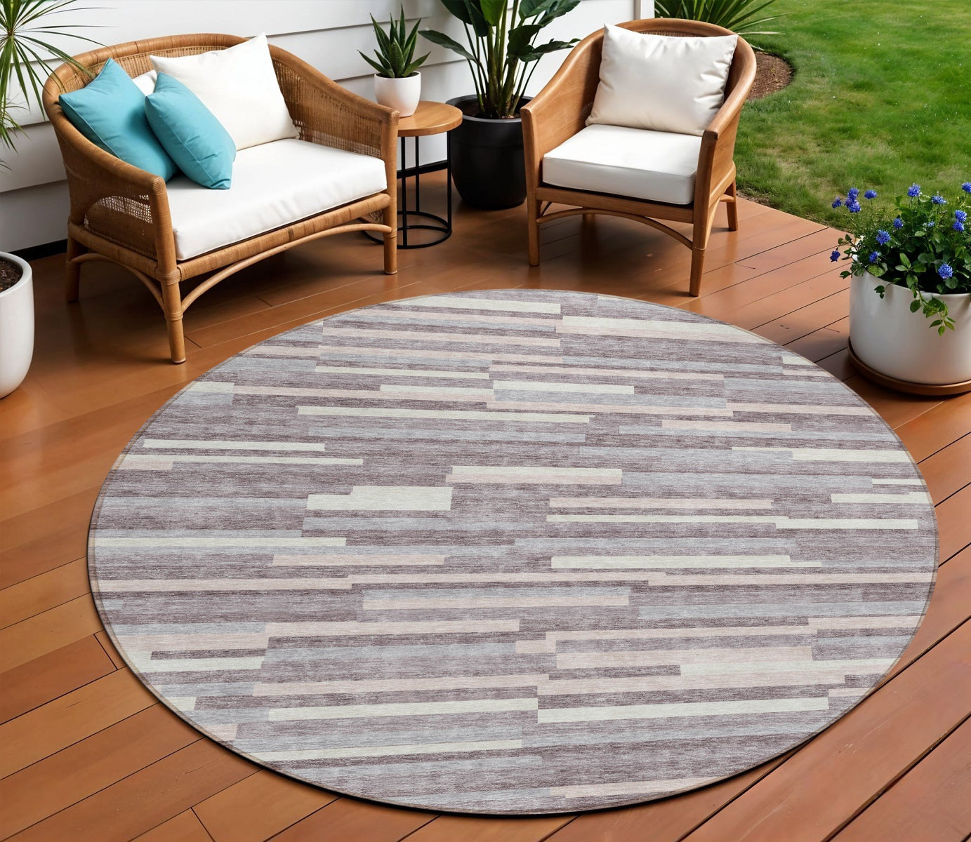 Tabselect Home Line 8' Lavender Gray And Ivory Round Striped Washable Indoor Outdoor Area Rug