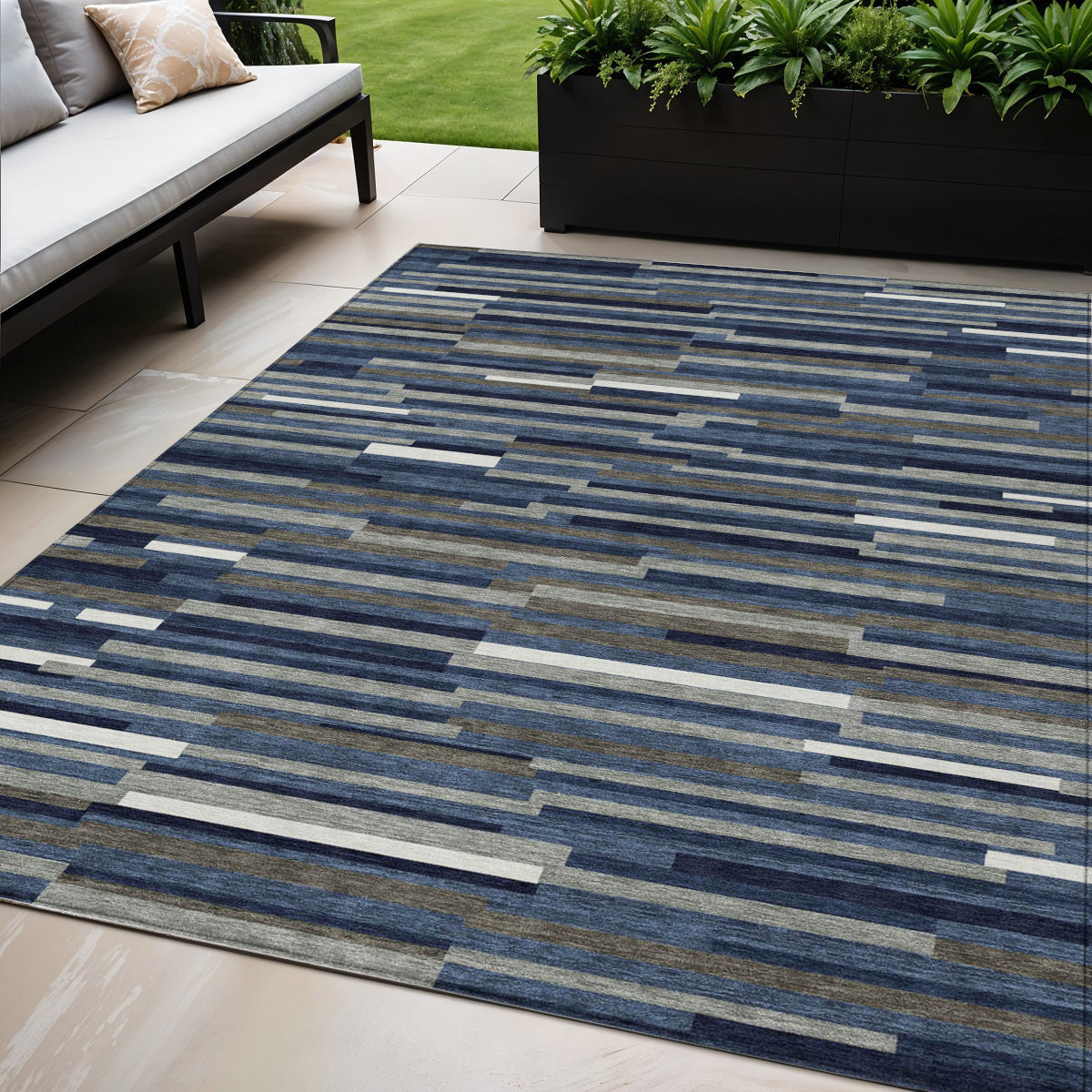 Tabselect Home Line 5' X 8' Navy Blue Gray And Ivory Striped Washable Indoor Outdoor Area Rug