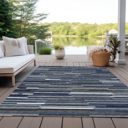 Tabselect Home Line 5' X 8' Navy Blue Gray And Ivory Striped Washable Indoor Outdoor Area Rug