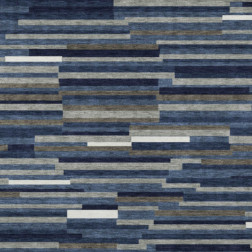 Tabselect Home Line 5' X 8' Navy Blue Gray And Ivory Striped Washable Indoor Outdoor Area Rug