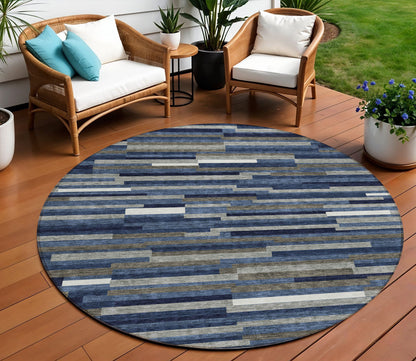 Tabselect Home Line 8' Navy Blue Gray And Ivory Round Striped Washable Indoor Outdoor Area Rug