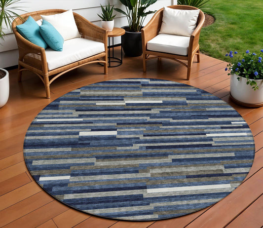 Tabselect Home Line 8' Navy Blue Gray And Ivory Round Striped Washable Indoor Outdoor Area Rug