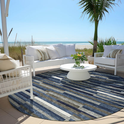 Tabselect Home Line 8' Navy Blue Gray And Ivory Round Striped Washable Indoor Outdoor Area Rug