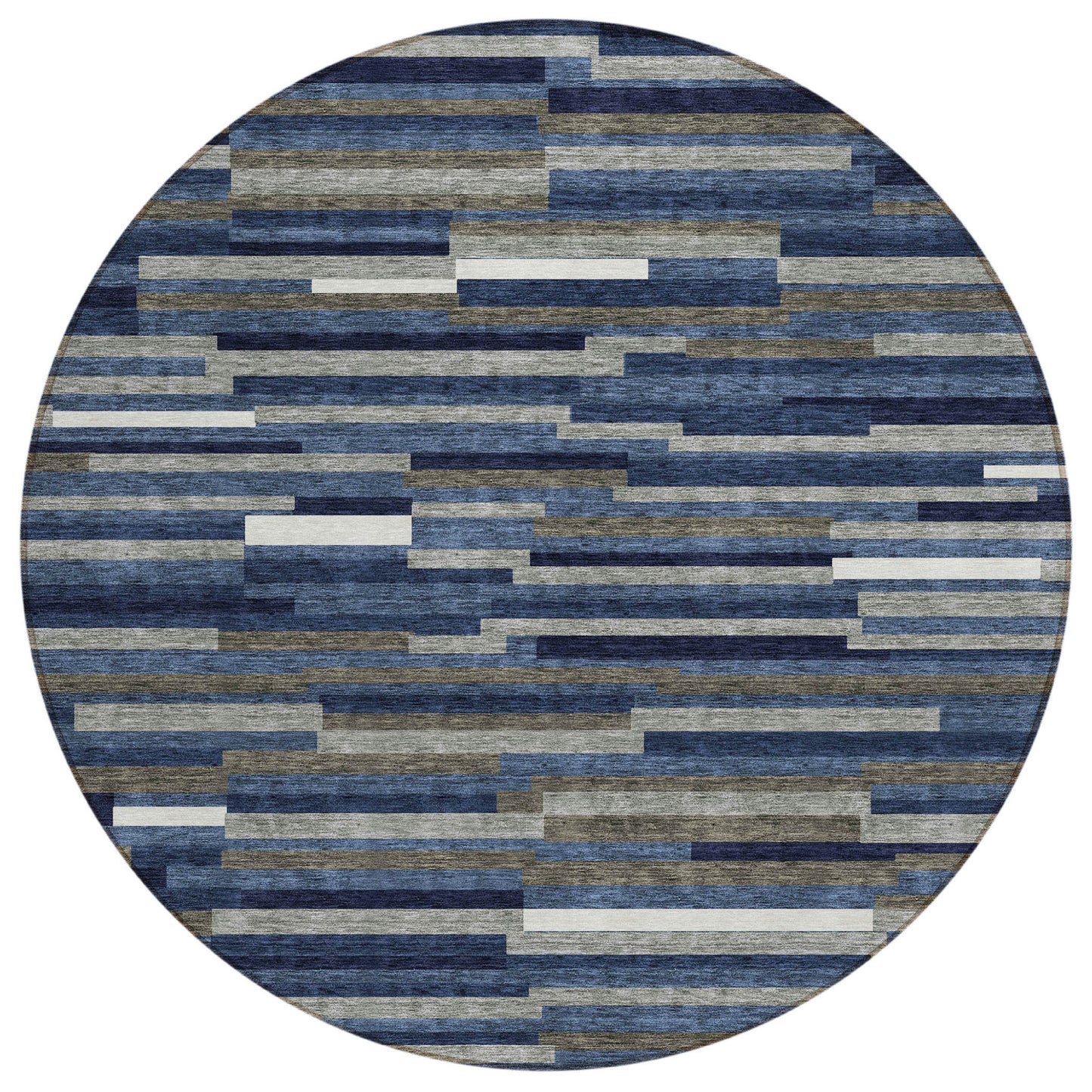 Tabselect Home Line 8' Navy Blue Gray And Ivory Round Striped Washable Indoor Outdoor Area Rug