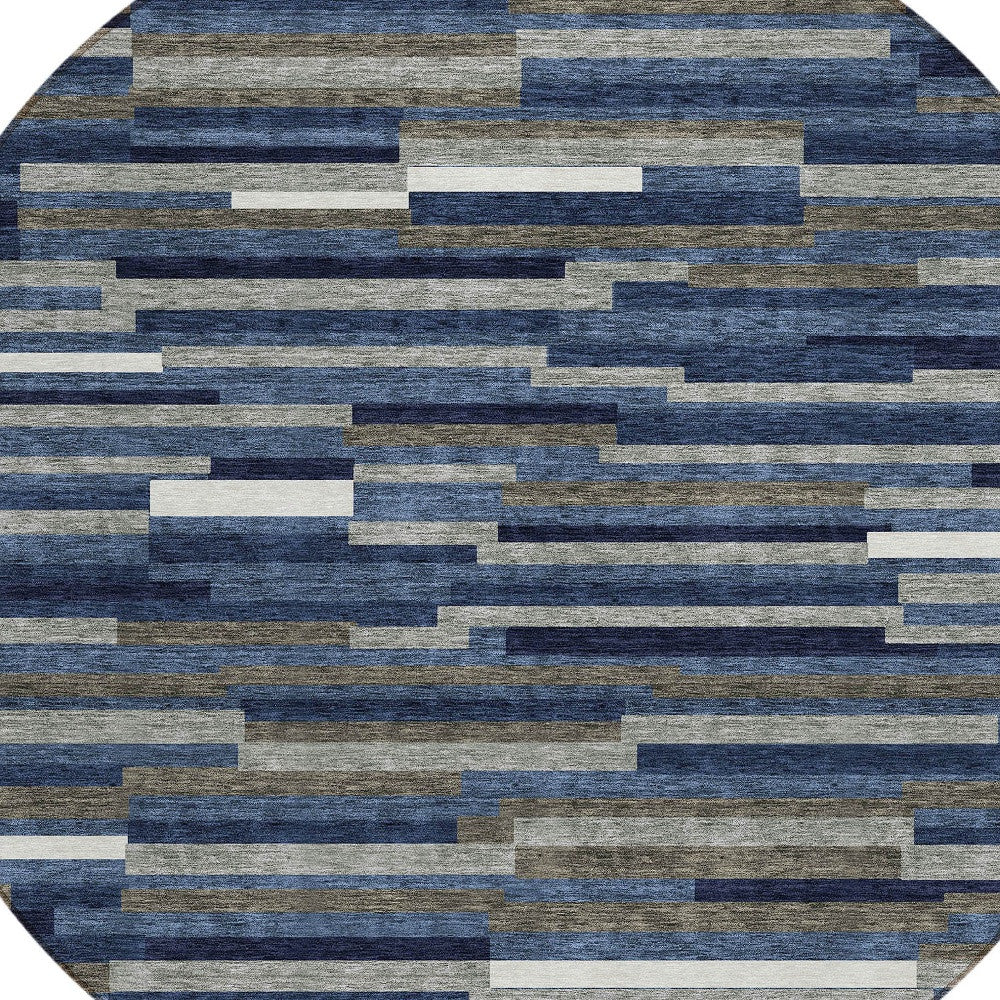 Tabselect Home Line 8' Navy Blue Gray And Ivory Round Striped Washable Indoor Outdoor Area Rug