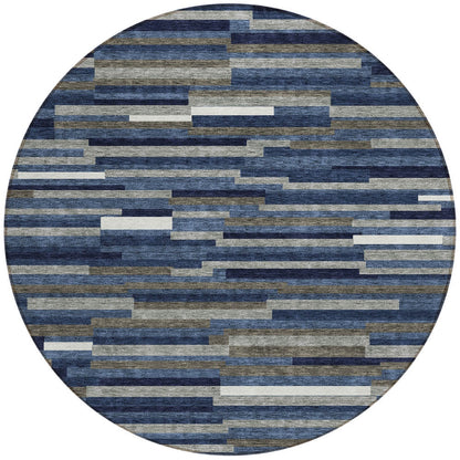 Tabselect Home Line 8' Navy Blue Gray And Ivory Round Striped Washable Indoor Outdoor Area Rug