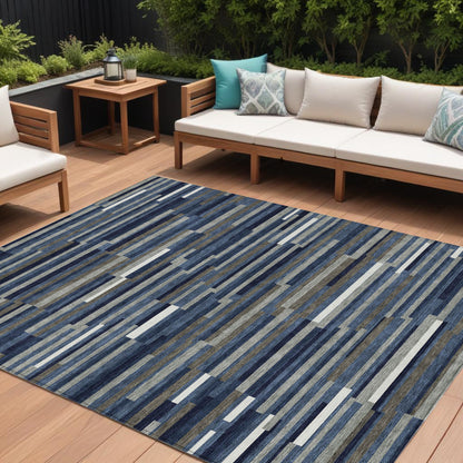 Tabselect Home Line 8' X 10' Navy Blue Gray And Ivory Striped Washable Indoor Outdoor Area Rug