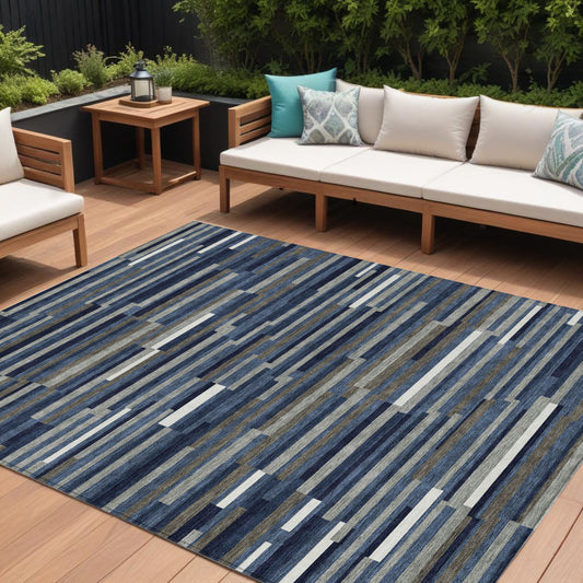Tabselect Home Line 8' X 10' Navy Blue Gray And Ivory Striped Washable Indoor Outdoor Area Rug