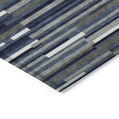Tabselect Home Line 8' X 10' Navy Blue Gray And Ivory Striped Washable Indoor Outdoor Area Rug
