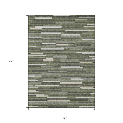 Tabselect Home Line 5' X 8' Olive Green Gray And Ivory Striped Washable Indoor Outdoor Area Rug