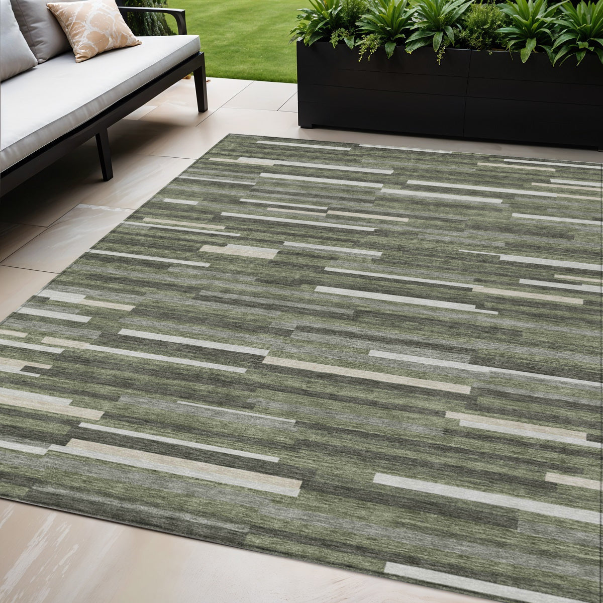 Tabselect Home Line 5' X 8' Olive Green Gray And Ivory Striped Washable Indoor Outdoor Area Rug