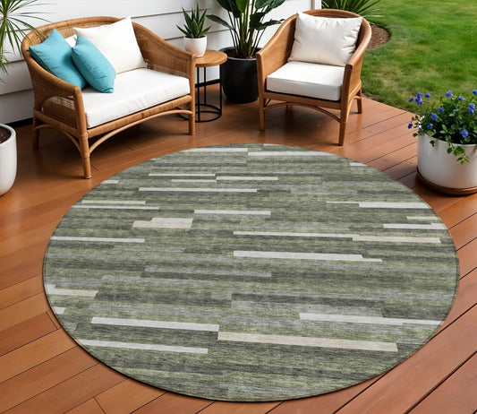 Tabselect Home Line 8' Olive Green Gray And Ivory Round Striped Washable Indoor Outdoor Area Rug