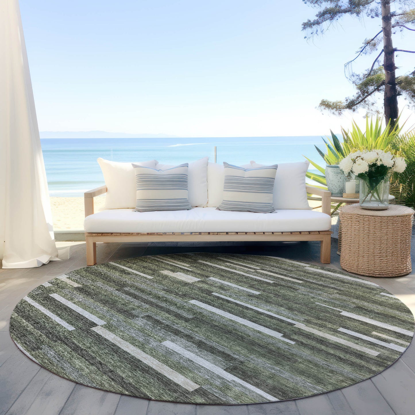 Tabselect Home Line 8' Olive Green Gray And Ivory Round Striped Washable Indoor Outdoor Area Rug
