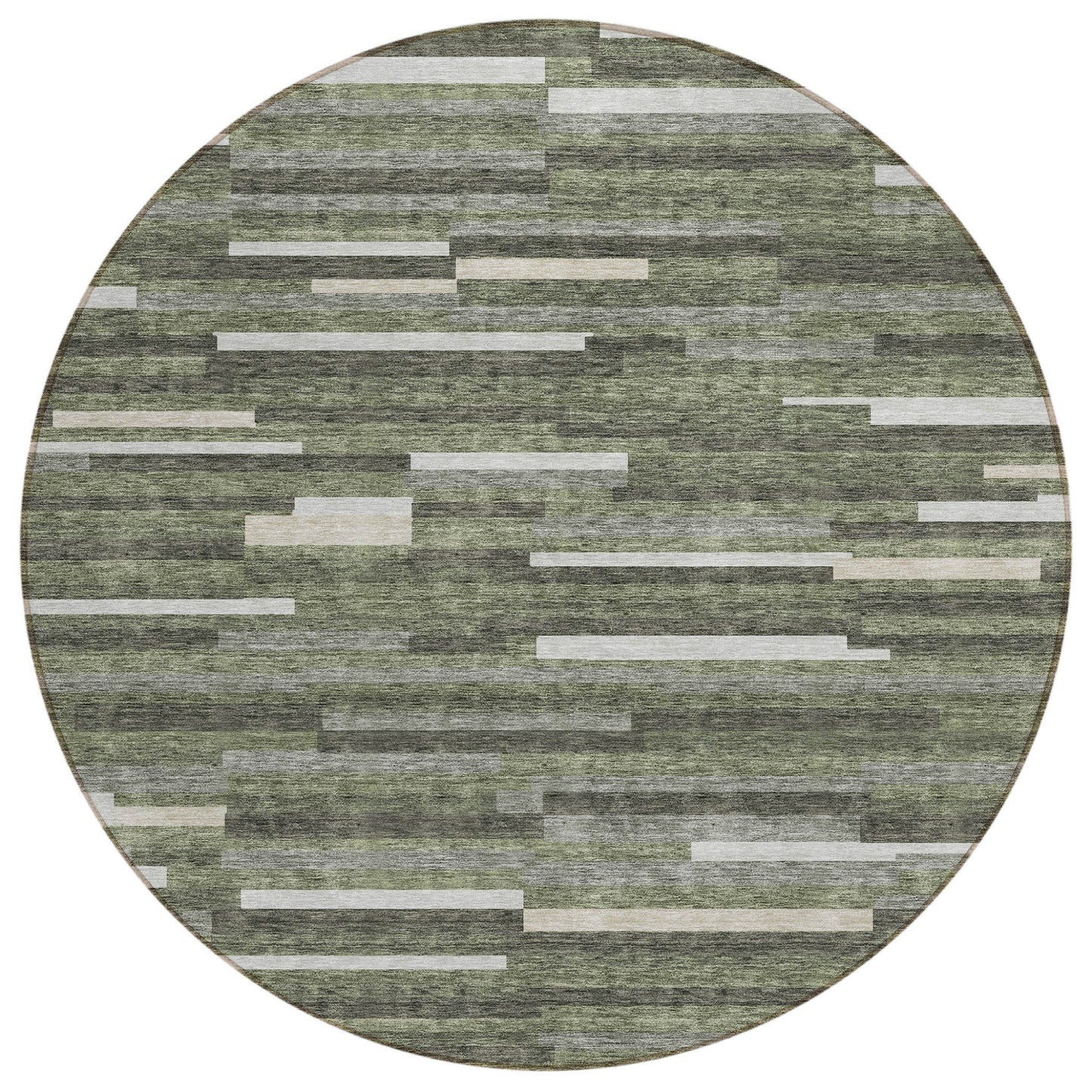 Tabselect Home Line 8' Olive Green Gray And Ivory Round Striped Washable Indoor Outdoor Area Rug