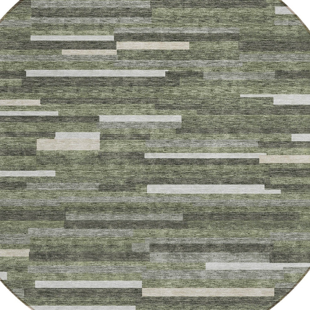 Tabselect Home Line 8' Olive Green Gray And Ivory Round Striped Washable Indoor Outdoor Area Rug