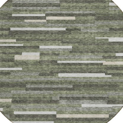 Tabselect Home Line 8' Olive Green Gray And Ivory Round Striped Washable Indoor Outdoor Area Rug
