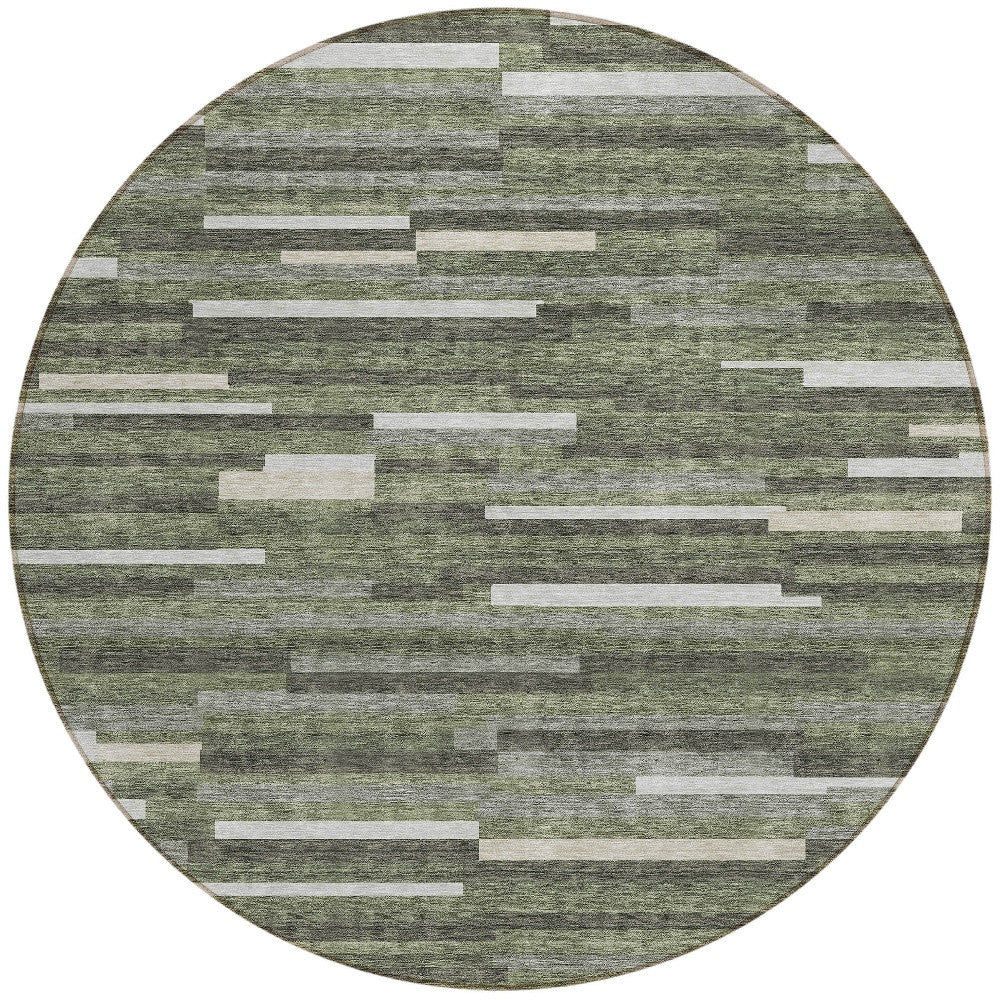 Tabselect Home Line 8' Olive Green Gray And Ivory Round Striped Washable Indoor Outdoor Area Rug