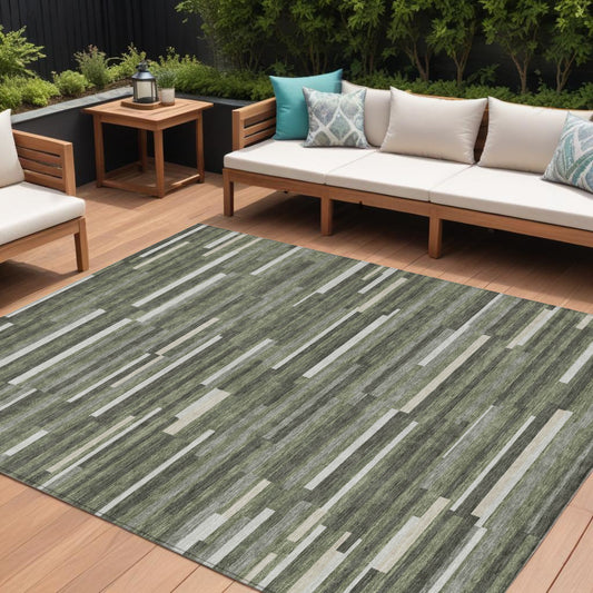 Tabselect Home Line 8' X 10' Olive Green Gray And Ivory Striped Washable Indoor Outdoor Area Rug