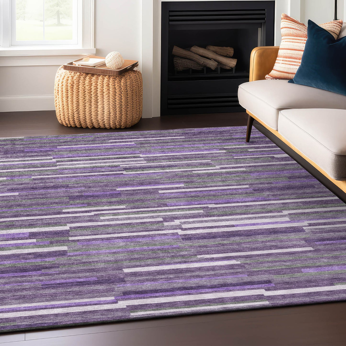 Tabselect Home Line 5' X 8' Purple And Gray Striped Washable Indoor Outdoor Area Rug