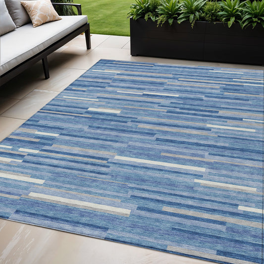 Tabselect Home Line 5' X 8' Sky Blue Gray And Ivory Striped Washable Indoor Outdoor Area Rug