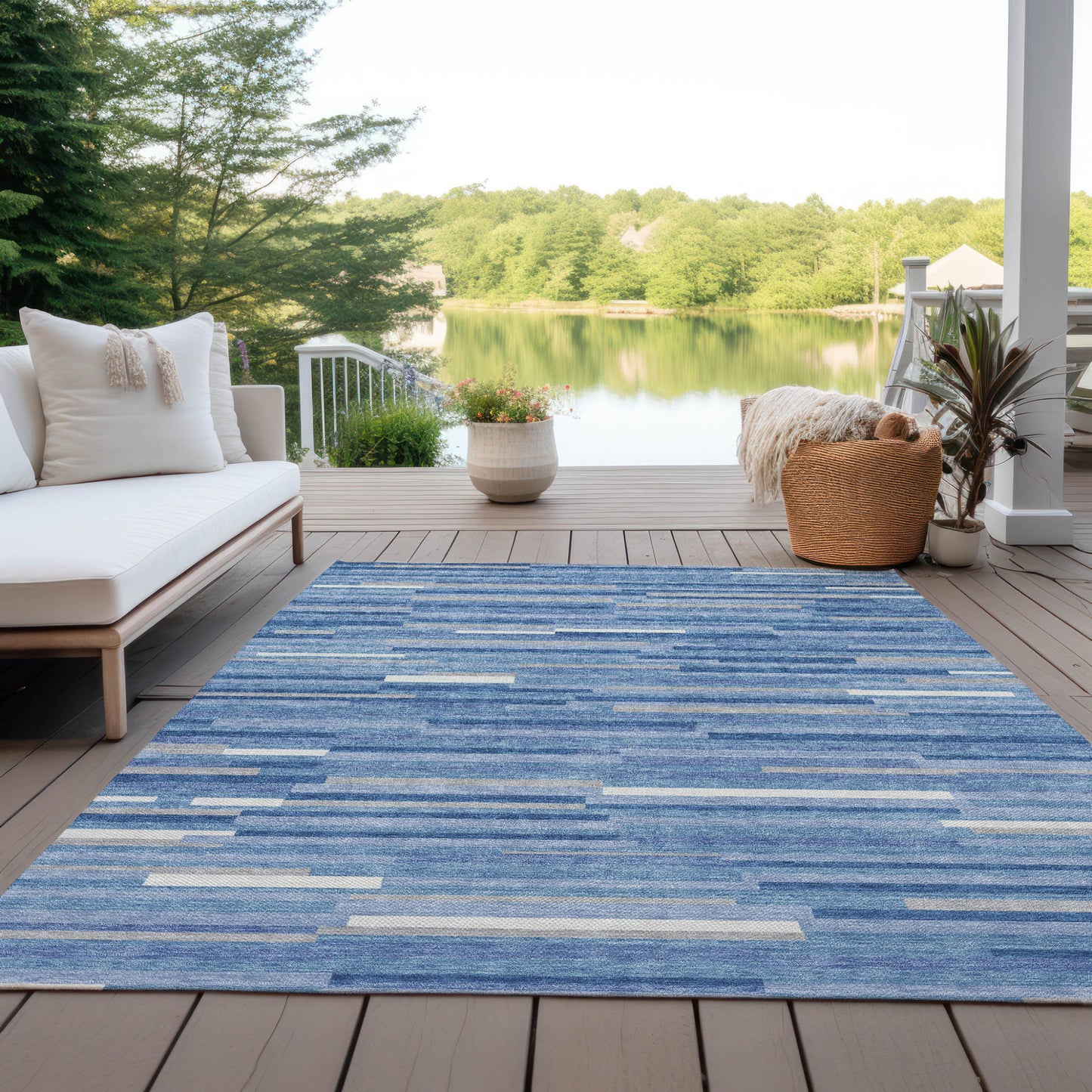 Tabselect Home Line 5' X 8' Sky Blue Gray And Ivory Striped Washable Indoor Outdoor Area Rug