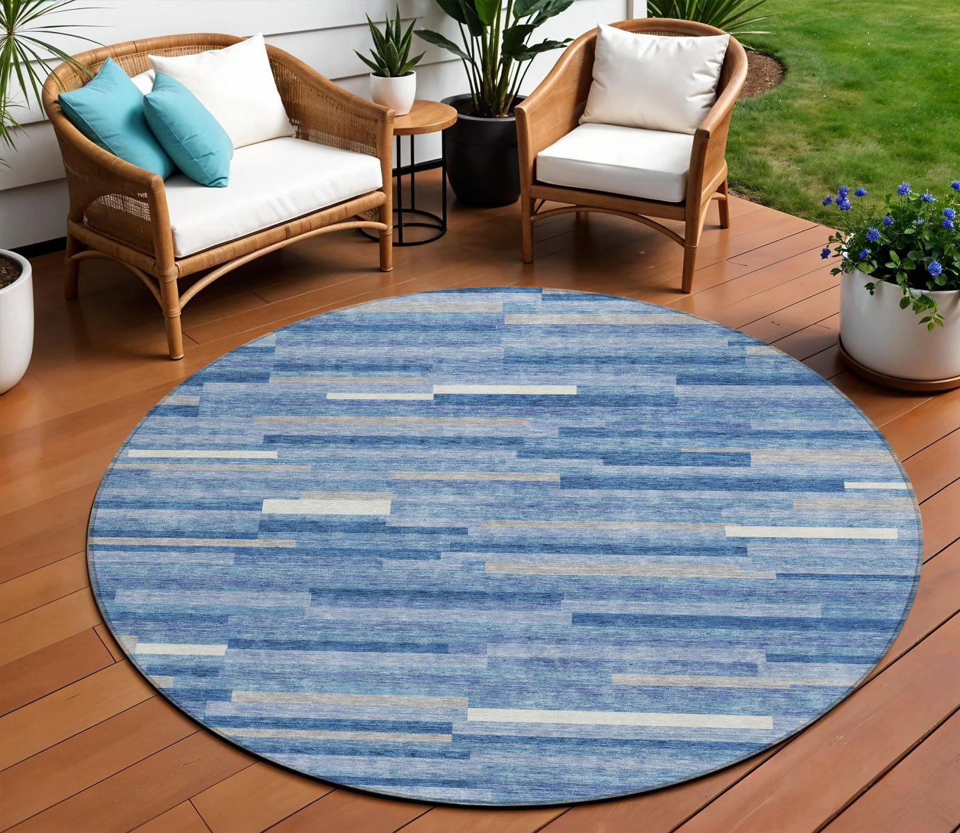Tabselect Home Line 8' Sky Blue Gray And Ivory Round Striped Washable Indoor Outdoor Area Rug