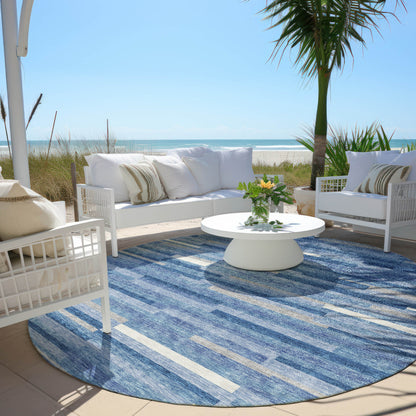 Tabselect Home Line 8' Sky Blue Gray And Ivory Round Striped Washable Indoor Outdoor Area Rug