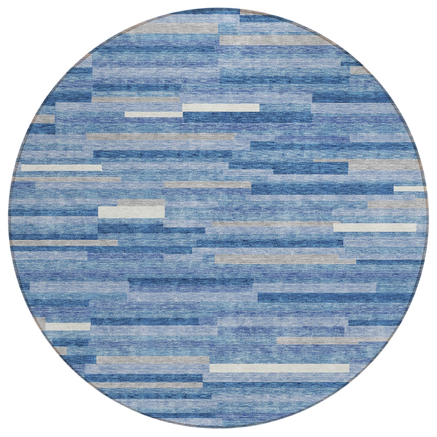 Tabselect Home Line 8' Sky Blue Gray And Ivory Round Striped Washable Indoor Outdoor Area Rug