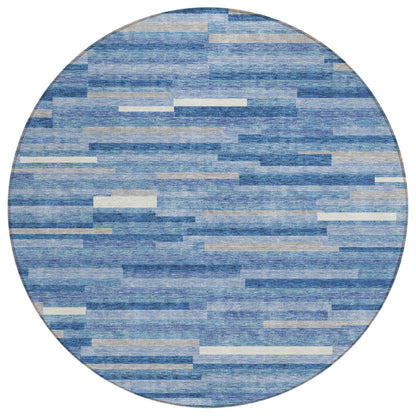 Tabselect Home Line 8' Sky Blue Gray And Ivory Round Striped Washable Indoor Outdoor Area Rug