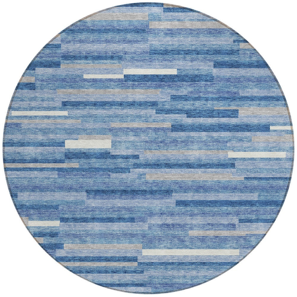 Tabselect Home Line 8' Sky Blue Gray And Ivory Round Striped Washable Indoor Outdoor Area Rug