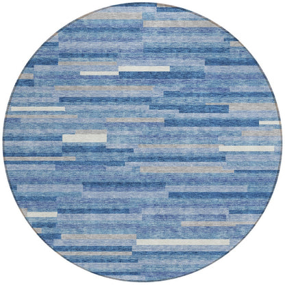 Tabselect Home Line 8' Sky Blue Gray And Ivory Round Striped Washable Indoor Outdoor Area Rug