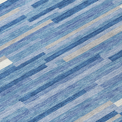 Tabselect Home Line 8' Sky Blue Gray And Ivory Round Striped Washable Indoor Outdoor Area Rug