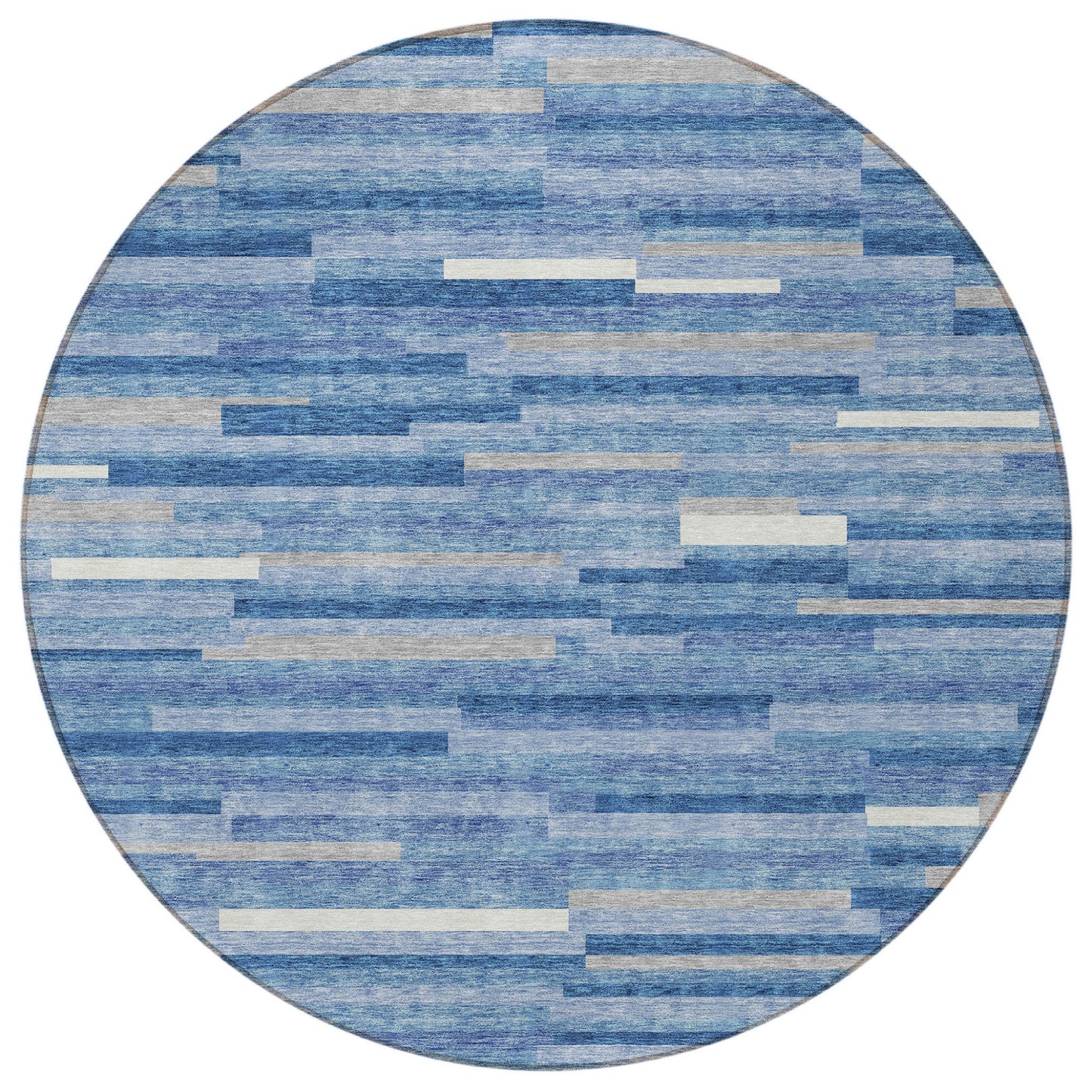Tabselect Home Line 8' Sky Blue Gray And Ivory Round Striped Washable Indoor Outdoor Area Rug