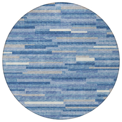 Tabselect Home Line 8' Sky Blue Gray And Ivory Round Striped Washable Indoor Outdoor Area Rug