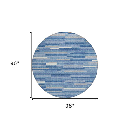 Tabselect Home Line 8' Sky Blue Gray And Ivory Round Striped Washable Indoor Outdoor Area Rug