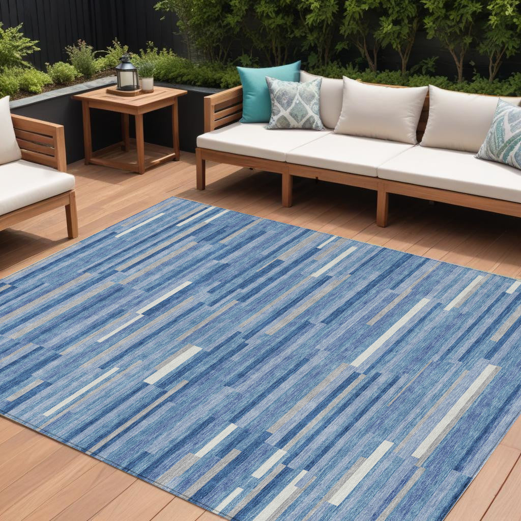 Tabselect Home Line 8' X 10' Sky Blue Gray And Ivory Striped Washable Indoor Outdoor Area Rug