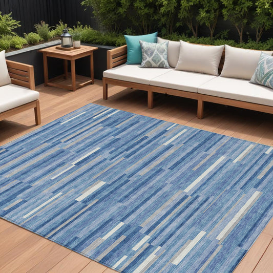 Tabselect Home Line 8' X 10' Sky Blue Gray And Ivory Striped Washable Indoor Outdoor Area Rug