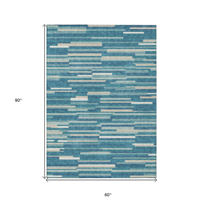 Tabselect Home Line 5' X 8' Teal Blue And Ivory Striped Washable Indoor Outdoor Area Rug