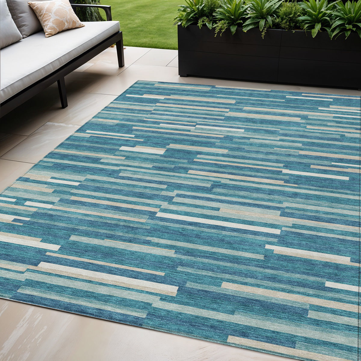 Tabselect Home Line 5' X 8' Teal Blue And Ivory Striped Washable Indoor Outdoor Area Rug